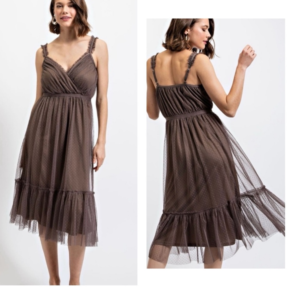 New Romantic Swiss Dot Brown Tulle Dress - Picture 2 of 7